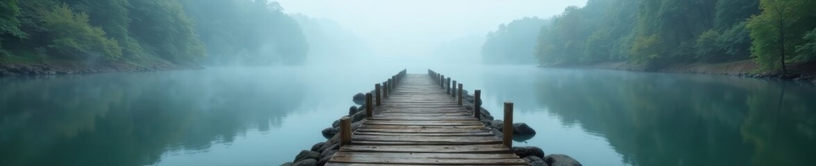 Ancient wooden pier extends into foggy river, stone foundation visible, serene, ancient