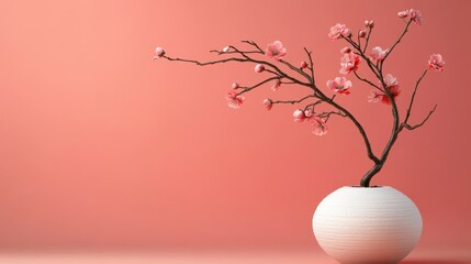 A pristine, white stone podium positioned among fragile apricot blooms with gentle blush pink petals