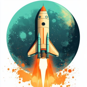 Sleek rocket shuttle ascends amid vibrant cosmic backdrop and bursts of fiery propulsion