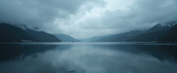 Fototapeta premium Misty lake panorama, serene mood, featuring soft ripples and mountains, under cloudy sky background