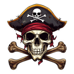 Fototapeta premium Pirate skull with crossed bones, wearing classic hat and red bandana, symbolizes adventure and danger. striking emblem of pirate lifestyle
