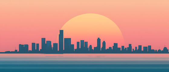 Naklejka premium Breathtaking Sunset Over Urban Skyline with Soft Pink and Orange Hues Reflected on Water Surface