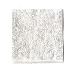 Elegant white paper napkin with embossed floral details, folded neatly, perfect for special occasions or dining settings