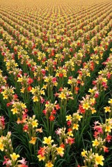 Obraz premium Vibrant floral field, cheerful mood, featuring yellow and red flowers in a symmetrical arrangement