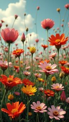 Fototapeta premium Colorful flowers blooming under a bright sky with soft clouds in a lively garden setting with copy space