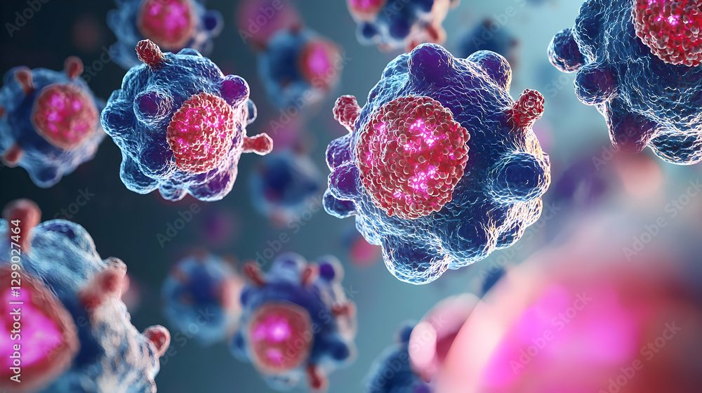 Aufkleber microscopic view of biological cells in blue and red colors showing detailed structure and cellular 