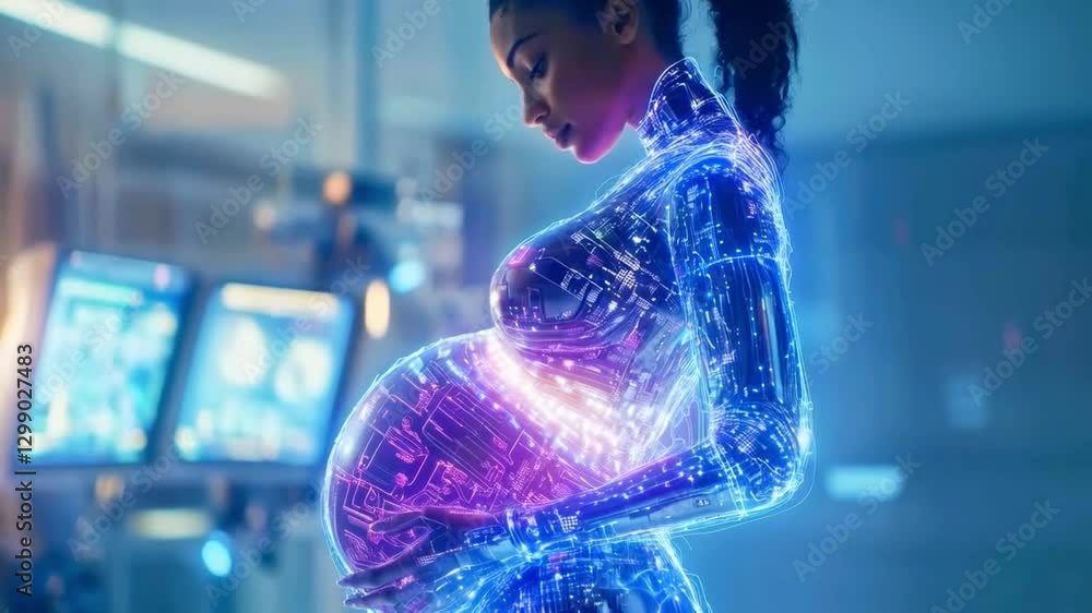 Aufkleber in a futuristic setting, a pregnant robot surrogate showcases advanced technology, symbolizing the f