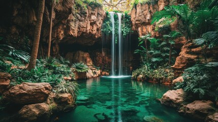 Tranquil Waterfall Flows Into Clear Pool Amidst Lush Tropical Foliage