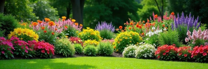 Mature perennial border, diverse planting scheme, flowering, lush, planting