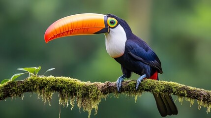Obraz premium Striking Toco Toucan perched on a moss covered branch in the rainforest its enormous orange beak glowing vibrantly against the lush green backdrop