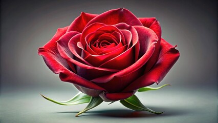 A Single Deep Red Rose, Exquisitely Illuminated, Showcases its Velvety Petals and Lush Green Leaves Against a Muted Background