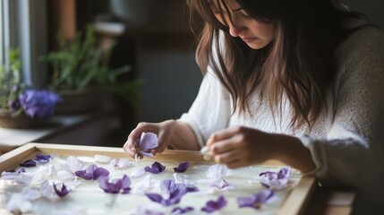 Fototapeta premium A woman carefully arranges flower petals on a wooden tray