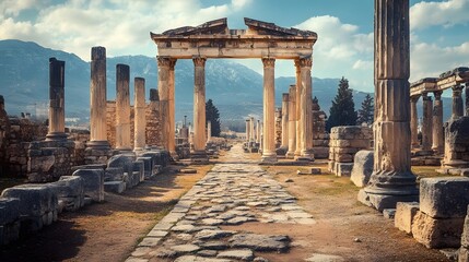 Obraz premium Captivating Greco Roman Architectural Ruins in Serene Pastoral Setting with Intricate Stone Arches and Towering Columns