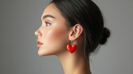 Close-up portrait of a beautiful woman with red heart-shaped earrings on a gray background, in profile. A fashion model wearing luxury earrings. A Valentine's Day concept, with copy space for text. 