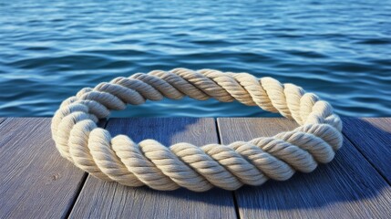 Fototapeta premium A large, coarse industrial rope is placed on a well-worn wooden floor in a long-standing warehouse