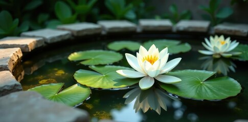 White lotus flowers and water lilies in a shallow pool with stone surround, stone, water lily
