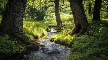 Obraz premium Mystical Primeval Woodland with Babbling Brook and Serene Grassy Glen in Soft Diffused Lighting