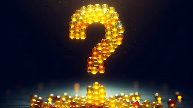isolated 3d render of yellow glass model of question mark symbol in dark background	

