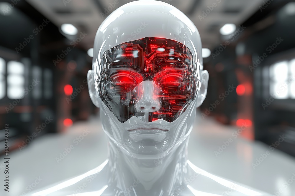 Poster a 3d cinematic depiction of a transparent ai head with visible circuits, set against a high-tech fac