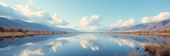 Obraz premium Shallow lake on flatlands, cloudscape reflected, tranquil scene , still, outdoor