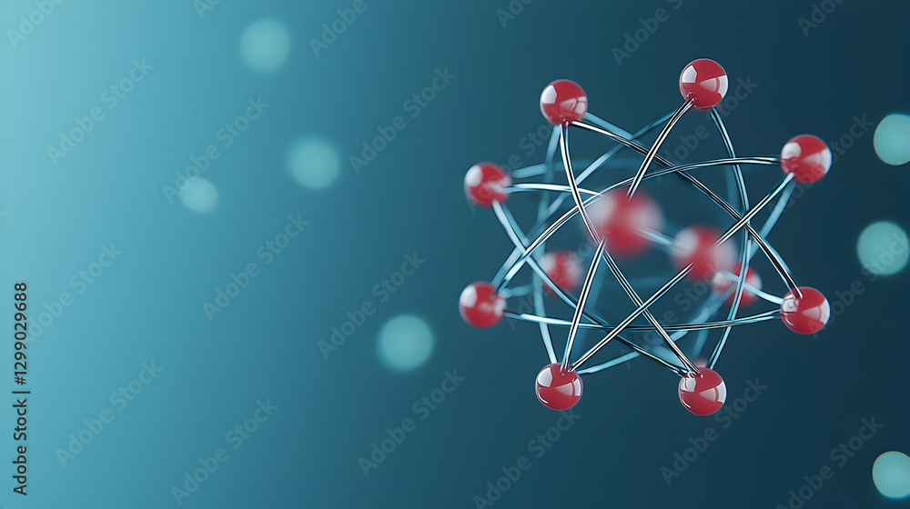 Poster abstract molecule structure with red spheres and blue metallic lines on blur background