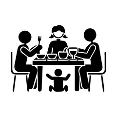 Family dining together, black and white pictogram for meals, unity, and home themes