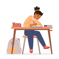 School girl sitting at desk writing flat vector illustration isolated on white.