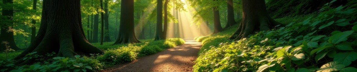 Sun-dappled path winds through ancient trees, lush undergrowth , magical, environment