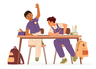 Two school boys at desk in classroom flat vector illustration isolated on white. Pupils at desk with school supplies and backpacks.