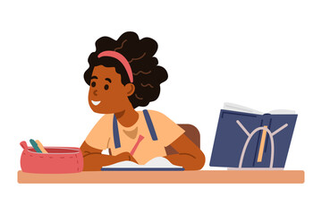 Smiling African American school girl sitting at desk with stationary in classroom  flat vector illustration isolated on white.