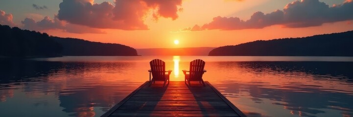 Sunset silhouettes two wooden chairs on a tranquil lake pier , solitude, travel, rustic
