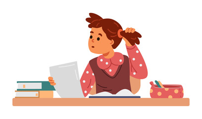 School girl sitting at desk in classroom reading test thinking flat vector illustration isolated on white. © Александра Гвардейце