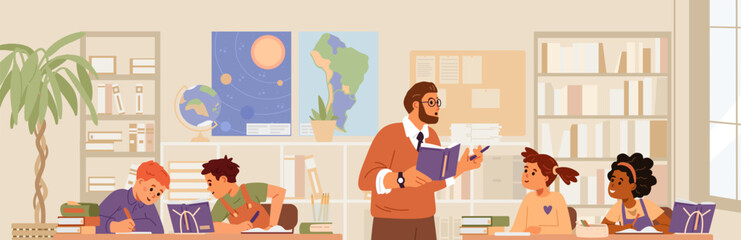 School classroom with children and man teacher during the lesson flat vector illustration.