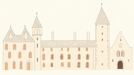 Obraz premium Detailed Architectural Drawing of a Historic Stone Castle with Towers and Walls of a European Style Mansion Mansion Building Design and Illustration of Elevations and Facades in Vintage Style
