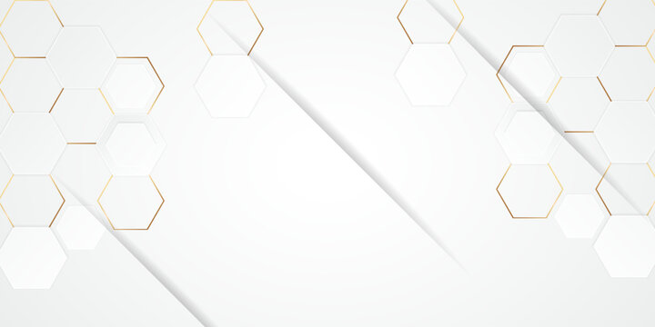 White abstract background with geometric hexagon patterns and gold accents. Clean and modern design for presentations, branding, and digital use