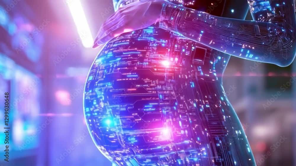 Poster A futuristic representation shows a robot with a glowing, synthetic pregnant belly, highlighting advancements in bioengineering and robotics. This image captures the merging of life and technology.