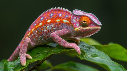 A chameleon shifts its hues while resting on a leafy branch, captured in vibrant macro photography