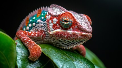 In a vibrant macro photograph, a chameleon changes colors while perched on a leafy branch