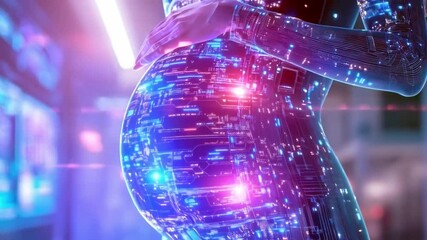 A futuristic representation shows a robot with a glowing, synthetic pregnant belly, highlighting advancements in bioengineering and robotics. This image captures the merging of life and technology.