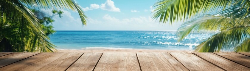 A close-up of a rustic wooden table, its grain and texture highlighted, with a breathtaking view of the sparkling ocean waves gently lapping at the shore in the background.