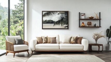 A white living room with a sofa and armchair, a shelf with art, a carpet on a hardwood floor, and a panoramic window overlooking a tropical scene. The wall has space for a mockup or copy.  