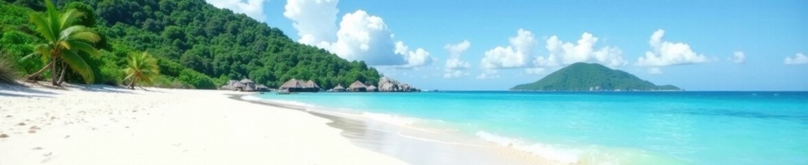 White sand beach, distant green island silhouette, calm sea, wallpaper, view
