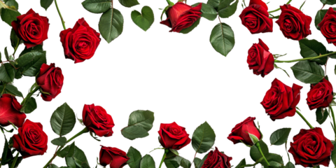 A frame of red roses with green leaves on a transparent background