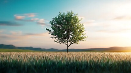 Fototapeta premium Lone tree in golden field at sunset