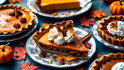 Autumn Dessert Spread Featuring Pumpkin Pies on Decorative Plates with Colorful Leaves