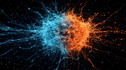 Abstract Digital Artwork Depicting Energy Explosion in Blue and Orange Colors with Dark Background