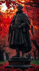 Naklejka premium Historical Statue in Autumn Park with Red Leaves and Vibrant Foliage