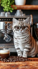 A smartly dressed cat wearing a barista apron and name tag, operating a coffee machine