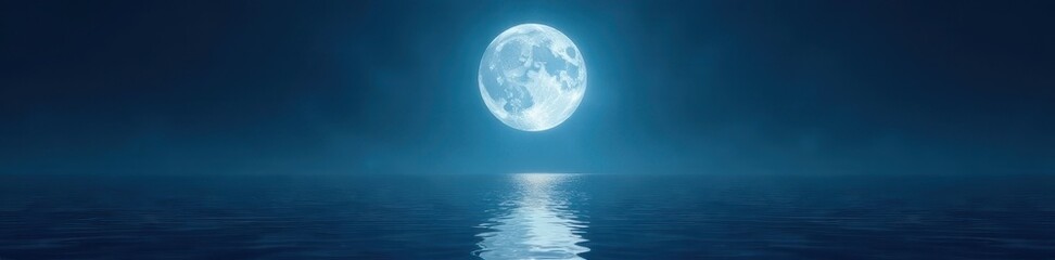 Radiant full moon casts ethereal glow on tranquil dark ocean, shimmering reflection , black, cosmic, landscape