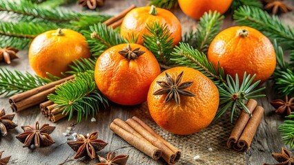 Aromatic Citrus Holiday Composition Featuring Fresh Mandarins, Star Anise, and Cinnamon Sticks